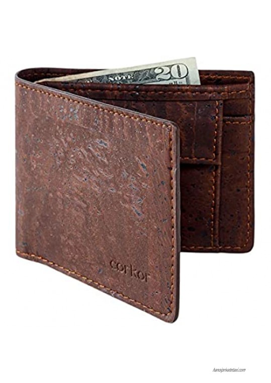 Corkor Vegan RFID Wallet With Coin Pocket Men Bifold Card Holder No-Leather Cork Brown Color