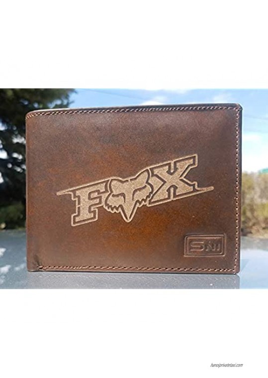 Fox Racing Logo Genuine Cowhide Leather Laser Engraved Engraving Slimfold Mens Large Capacity Luxury Wallet Purse Minimalist Sleek and Slim Brown Card Holder Organizer 14 Pockets
