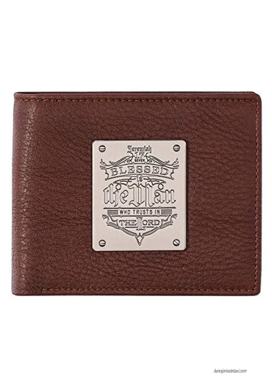 Genuine Leather RFID Wallet for Men | Blessed Is The Man Jeremiah 17:7 Metal Emblem Quality Classic Brown Leather Bifold Wallet | Christian Gifts for Men