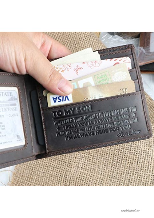 Hademade Mens Leather Wallet Engraved Wallet Genuine Leather Bifold RFID Blocking Wallet Gifts with Wood Box Mom to Son