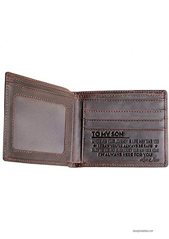 Hademade Mens Leather Wallet Engraved Wallet Genuine Leather Bifold RFID Blocking Wallet Gifts with Wood Box Mom to Son
