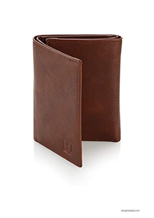 Handsome Factory Trifold Wallet - Men's Slim Minimalist Money Holder - 12+ Credit Cards 15+ Cash Bills Capacity - Heavy Duty Stylish Storage with RFID Blocking Protection Clear Window (Brown)