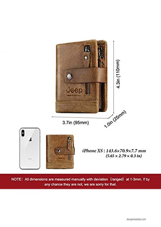 JEEP KAVIS BONWE Mens Wallet Genuine Leather Double Zipper Vintage Bifold Card Holder Purse(Brown)