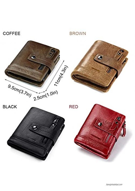 JEEP KAVIS BONWE Mens Wallet Genuine Leather Double Zipper Vintage Bifold Card Holder Purse(Brown)