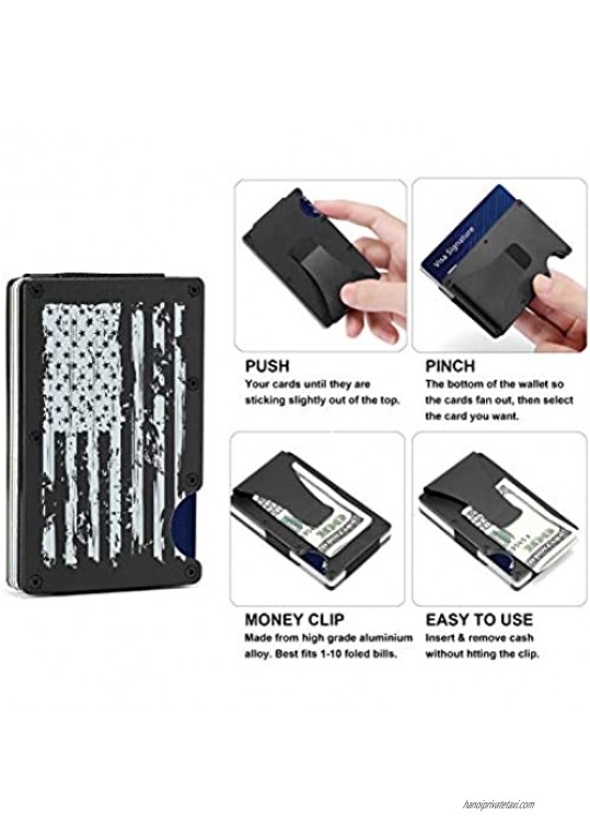 Men Minimalist Wallets with EDC Multitool - RFID Blocking Metal Wallet - Slim Front Pocket Money Clip - Aluminum Credit Card Holder - Engraved American Flag