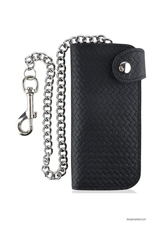 Men's Bifold Vintage Long Style Cow Top Grain Leather Steel Chain Wallet Made In USA Snap closure