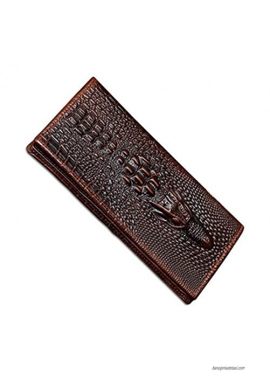 Men's Business Genuine Cowhide Leather Crocodile Embossing Long Bifold Wallet