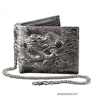 Mens Dragon Vintage Silver Grey Leather Wallet Card Holder Purse With Chain