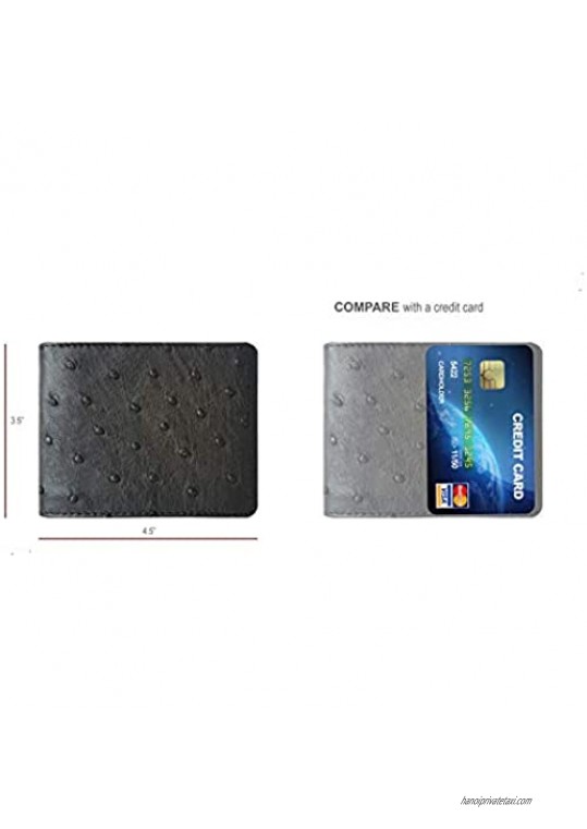 Men's Genuine Ostrich Skin Leather Bifold Wallet - RFID blocking Black