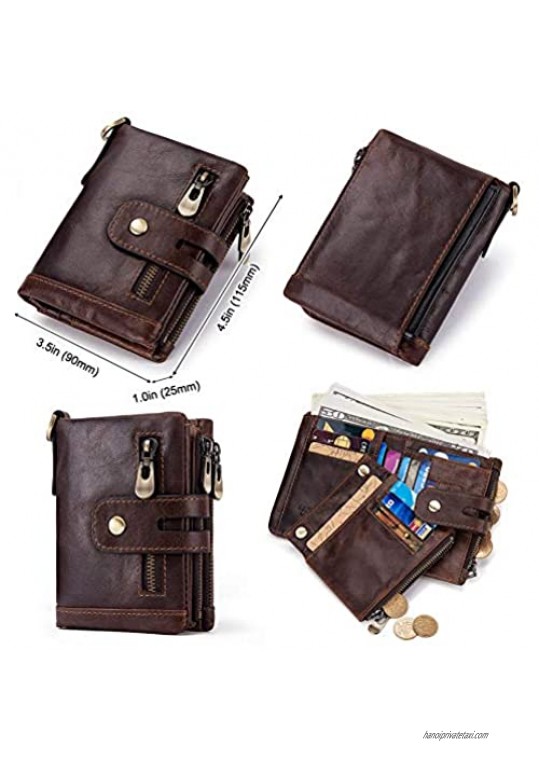 Men's Leather RFID Blocking Trifold Wallets Boshiho Double Zipper Coin Pocket Purse with Anti-Theft Chain Bikers Wallets (Brown)