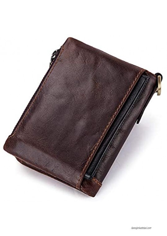 Men's Leather RFID Blocking Trifold Wallets Boshiho Double Zipper Coin Pocket Purse with Anti-Theft Chain Bikers Wallets (Brown)