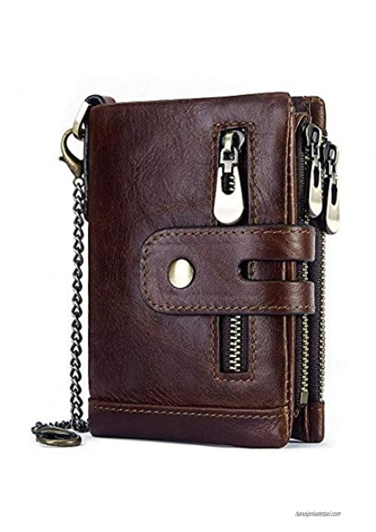 Men's Leather RFID Blocking Trifold Wallets  Boshiho Double Zipper Coin Pocket Purse with Anti-Theft Chain Bikers Wallets (Brown)