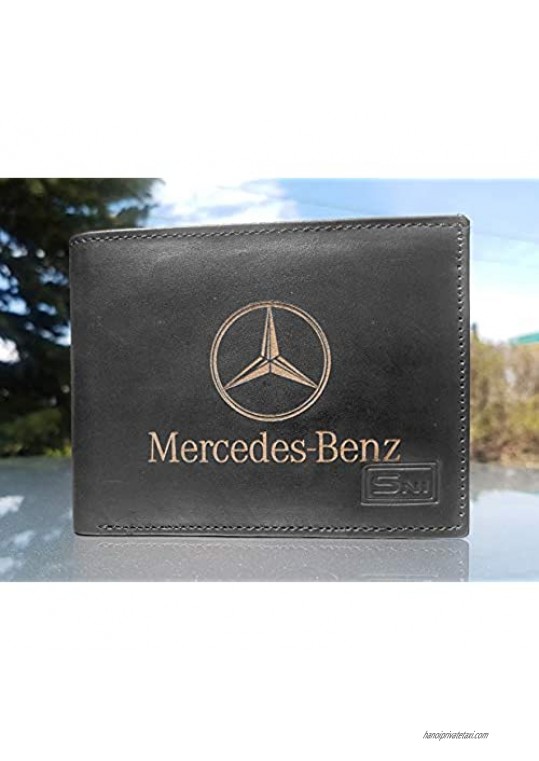 Mercedes Benz Genuine Cowhide Leather Laser Engraved Engraving Slimfold Mens Large Capacity Luxury Wallet Purse Minimalist Sleek and Slim Black Credit Card Holder Organizer 14 Pockets