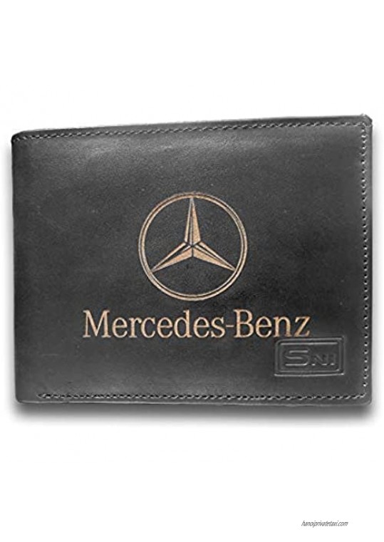 Mercedes Benz Genuine Cowhide Leather Laser Engraved Engraving Slimfold Mens Large Capacity Luxury Wallet Purse Minimalist Sleek and Slim Black Credit Card Holder Organizer 14 Pockets