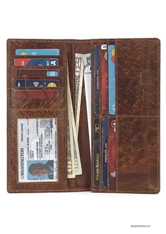 Mou Meraki Mens Vintage Genuine Leather RFID Blocking Long Wallet Bifold Wallets For Men