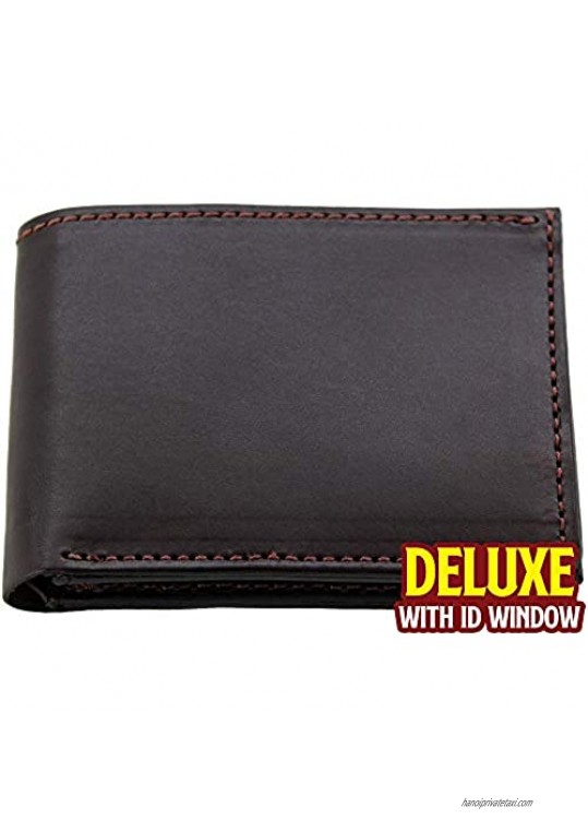 Premium Full Grain Bridle Leather Men’s Bifold Wallet With Flip Up ID Window – Brown - Made in USA