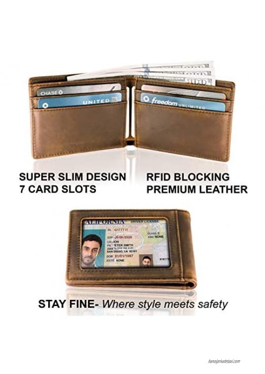Stay Fine RFID Blocking Minimalist Bifold Leather Wallets | Slim Front Pocket Wallets for Men | Thin Card Holders with ID Window