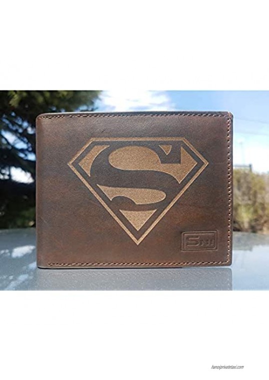 Superman Genuine Cowhide Leather Laser Engraved Engraving Slimfold Mens Large Capacity Luxury Wallet Purse Minimalist Sleek and Slim Brown Credit Card Holder Organizer 14 Pockets