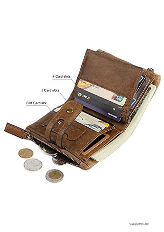 Wallet For Men With Zipper RFID Blocking Leather Bifold Mens Wallets - Double Zipper Credit Card Wallet - ID Window Zip Coin Pocket Travel Wallet Big Capacity