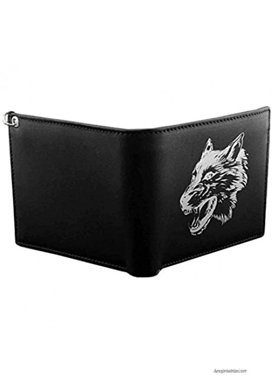 Wolf design Leather Mens Bi-Fold Wallet BLACK w/ Biker long Chain