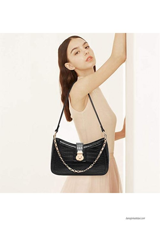 BAIGIO Faux Leather Baguette Shoulder Bag for Women Crocodile Pattern Clutch Bag with Metal Snap-Fastener Closure