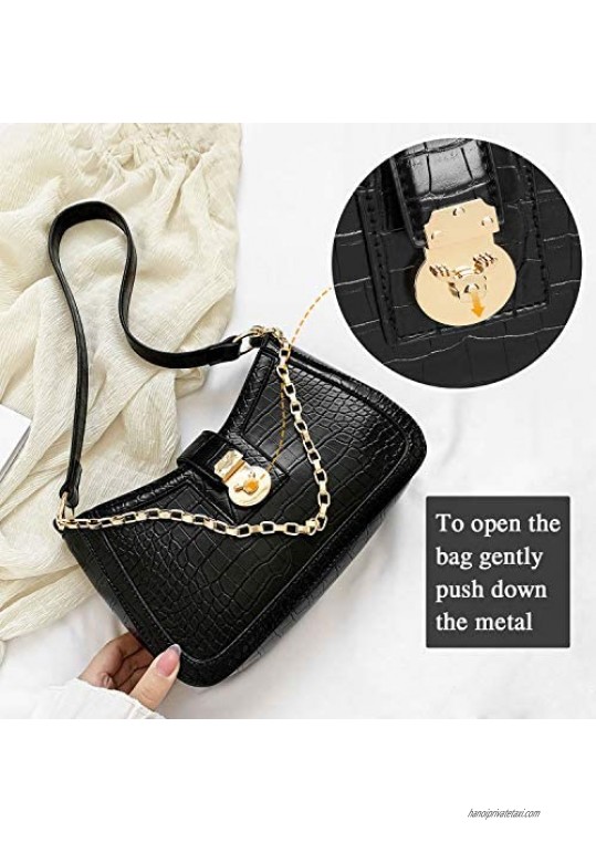 BAIGIO Faux Leather Baguette Shoulder Bag for Women Crocodile Pattern Clutch Bag with Metal Snap-Fastener Closure
