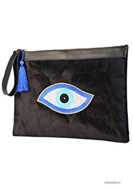 KarensLine Handmade Evil Eye Embroidery Black Velvet Clutch Bag Eyes of RA Beach Summer Style Medium