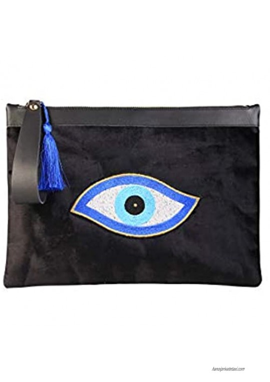 KarensLine Handmade Evil Eye Embroidery Black Velvet Clutch Bag Eyes of RA Beach Summer Style  Medium