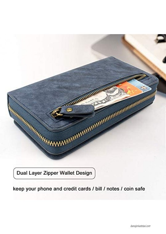 Lacass Crossbody Chain Dual Zipper Detachable Magnetic Leather Wallet Case Cover Wristlets Clutch Handbag Purse Wrist Strap with 13 Card Slots Money Pocket for Moto G Power (2021)(Blue)
