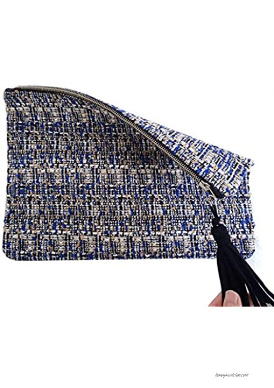 Spelling Clutch Tweed Handbag Bag For Women Casual Pouches With Tassel Blue