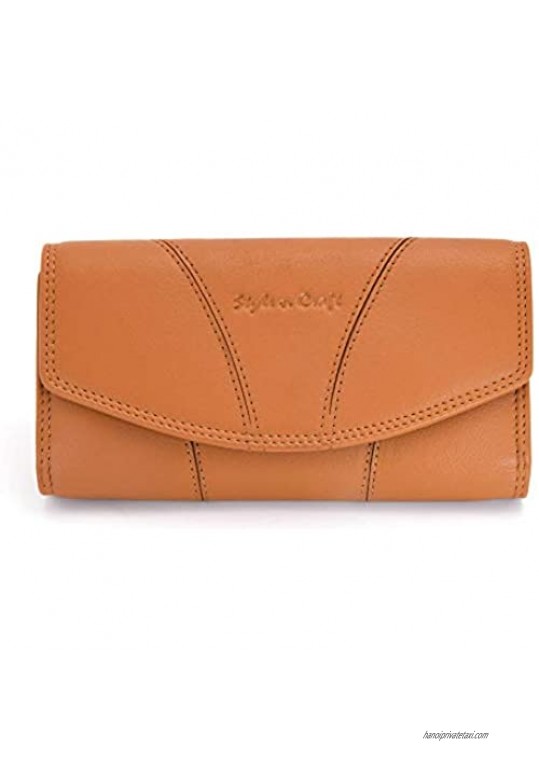 Style N Craft 300954-CG Ladies Clutch Wallet with Magnetic Snap Button in Tan Color Leather closed : 7”wx4-1/4”hx1-1/4d