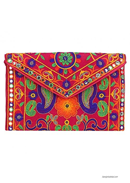9 X 6 Women Evening Party Clutch Indian Embroidered Patches Work Shoulder and Cross body Strap Magnetic Closure