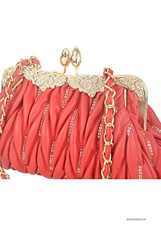 Aisunne Womens Leather Vintage Pleated Evening Handbag Clutch Bags Purse For Wedding Cocktail Party