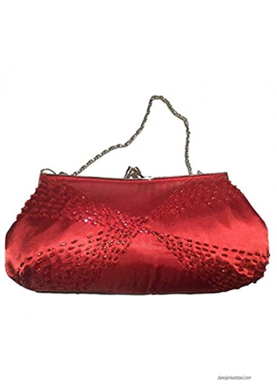 Art Deco 1920's Beaded Red Evening Bag Purse Satin Short Metal Shoulder Strap Clutch Peaky Blinders Victorian