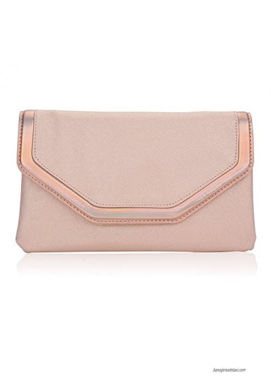 Classic PU Leather Evening Clutch WALLYN'S Party Purse Evening Bag With Chain Strap(Pink)