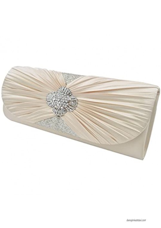 Elegant Cross Pleated Satin Flap Crystal Clutch Evening Bag - Diff Colors Avail