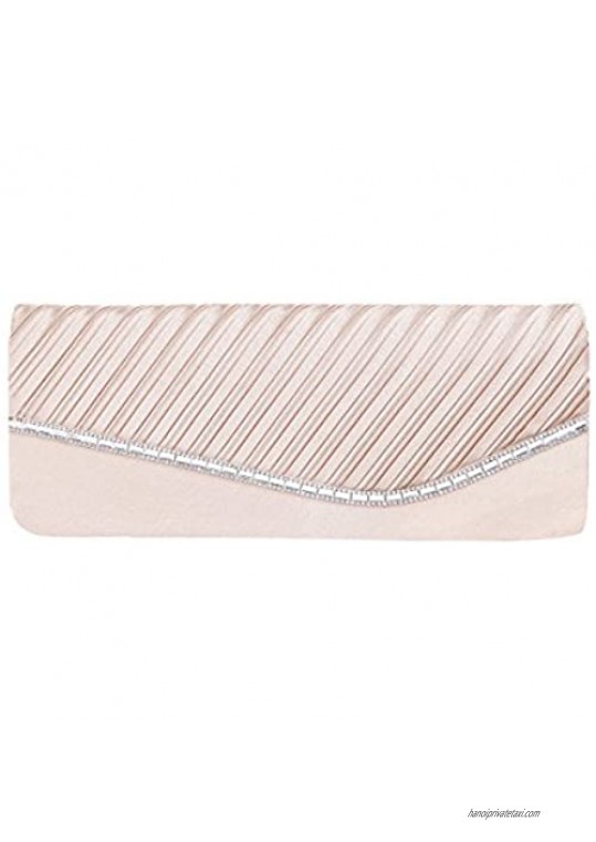 Elegant Pleated Satin & Crystal Flap Clutch Evening Bag - Diff Colors Avail