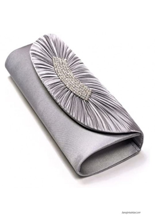 Elegant Pleated Satin Flap Crystal Clutch Evening Bag - Diff Colors Avail
