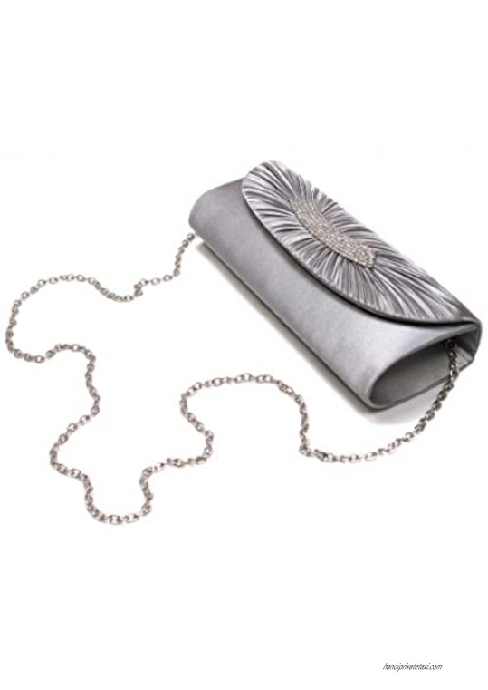 Elegant Pleated Satin Flap Crystal Clutch Evening Bag - Diff Colors Avail