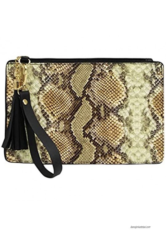 JUMISEE Women Snakeskin Leather Clutch Purse Handbag Fashion Tassel Wristlet Evening Party Bag