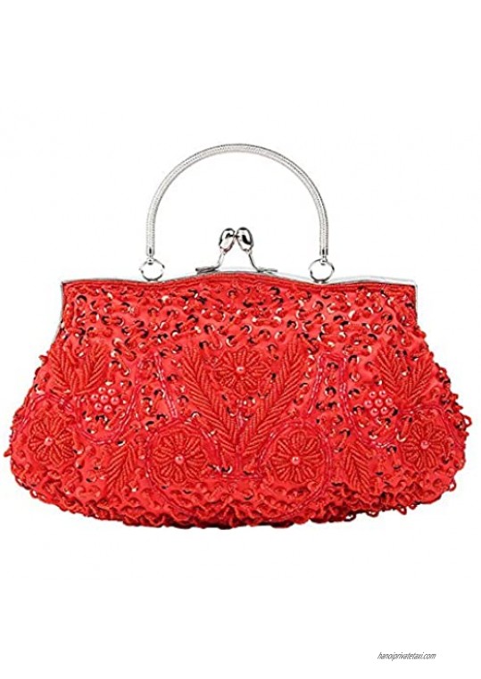 Noble Beaded Sequin Flower Evening Purse Large Clutch Bag Handbag for Women (Red)