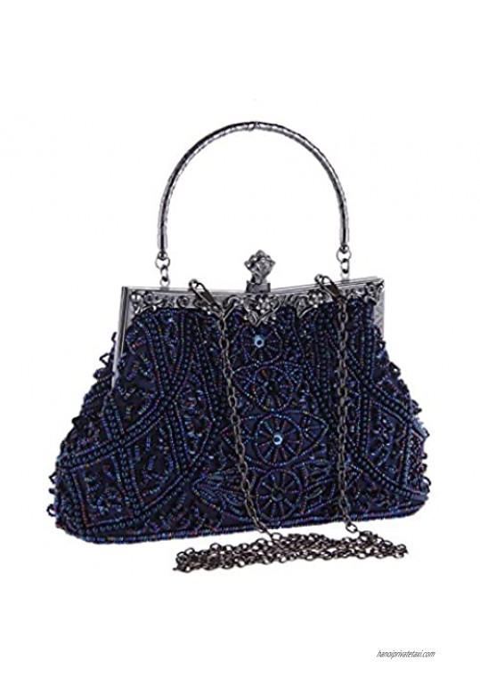 Vintage Beaded and Sequined Women Evening Bag Evening Purse Clutch Bag Blue
