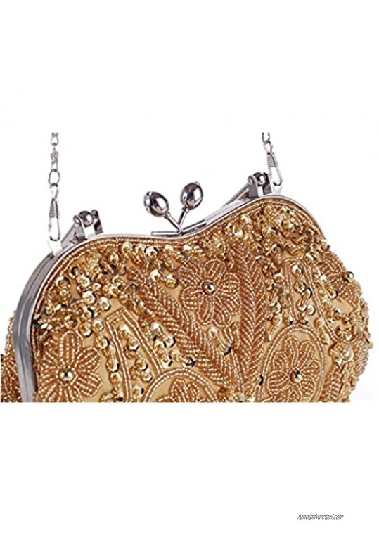 Vintage Floral Jewels Beaded Evening Purse Clutch Kissing Lock Metal Top-Handle Prom Party Bag