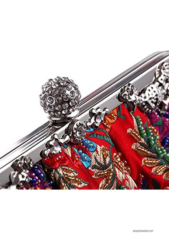 Vintage Jewels Beaded Evening Clutch Purses for Women Floral Embroidered Satin Formal Handbag