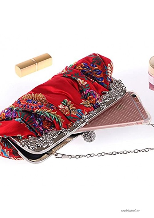Vintage Jewels Beaded Evening Clutch Purses for Women Floral Embroidered Satin Formal Handbag
