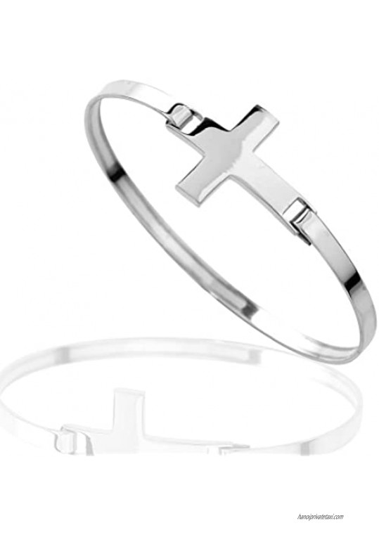 925 Sterling Silver Wide Flat Sideways Flat Shiny Cross Christian Religious Wrap Bangle Bracelet