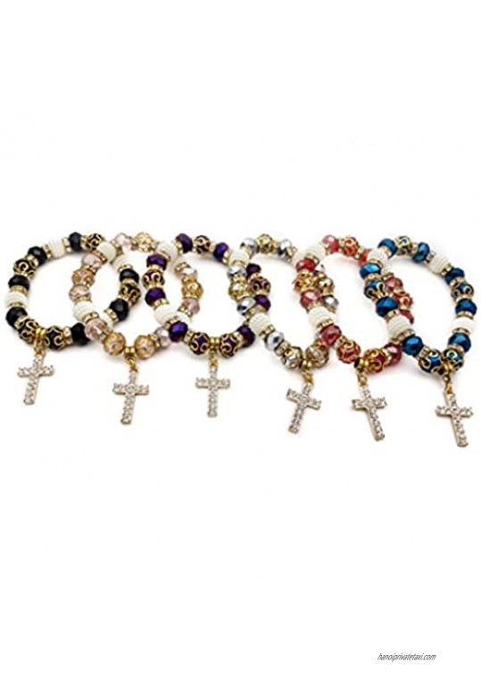 Catholic Crystallized Cross Deep Blue Crystal Beads Wrist Rosary Bracelet Adjustable Elastic Bangle