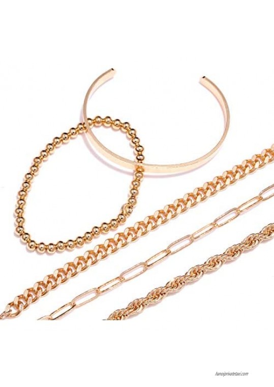Chunky Link Chain Bracelets for Women Girls Stackable Brass Bead Stretch Bracelet Dainty Open Cuff Bracelets Layered Bracelet Bangles Set Birthday Party Gift