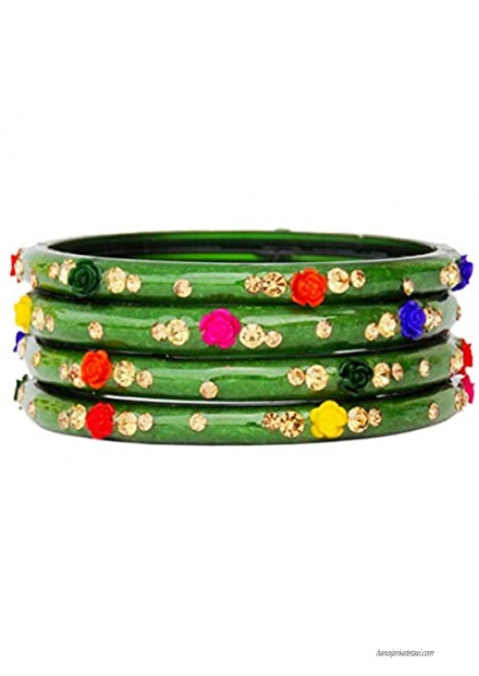 JD'Z COLLECTION Indian Bangles Jewelry for Women Glass Bangles Flower Design Costume Matching Partywear Bangles Set 4pc Beautiful Bollywood Bangles