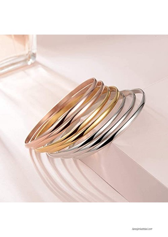 Stainless Steel Tri-Color Silver/Gold/Rose Gold Bangle Bracelets Set for Women Set of 7 Pieces Size 9.00 Inches